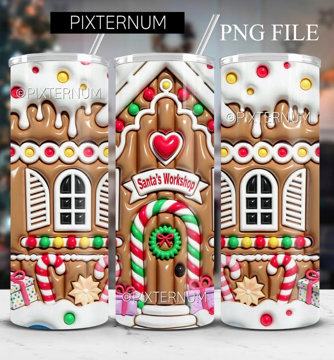 20 oz Stainless Steel Tumbler, Holiday Winter Theme, 3D Gingerbread House