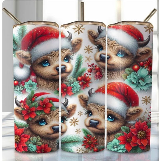 20 oz Stainless Steel Tumbler, Holiday Winter Theme, Four Baby Holstein Cows