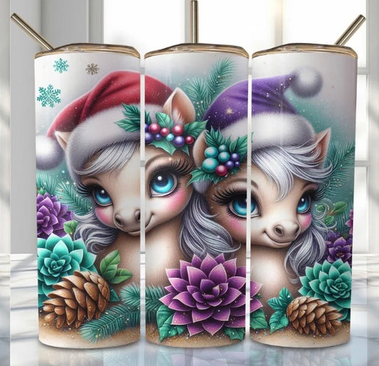 20 oz Stainless Steel Tumbler, Holiday Winter Theme, Festive Ponies