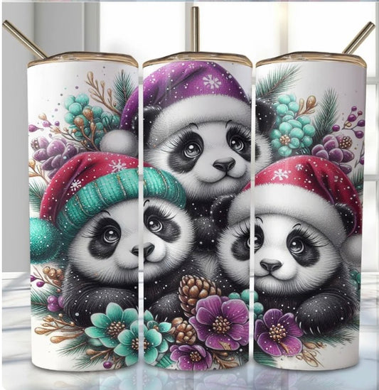 20 oz Stainless Steel Tumbler, Holiday Winter Theme, Baby Pandas