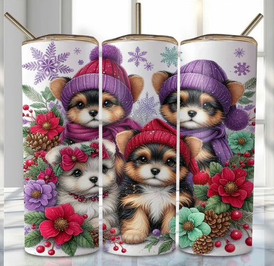 20 oz Stainless Steel Tumbler, Holiday Winter Theme, Puppies