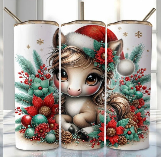 20 oz Stainless Steel Tumbler, Holiday Winter Theme, Holiday Pony