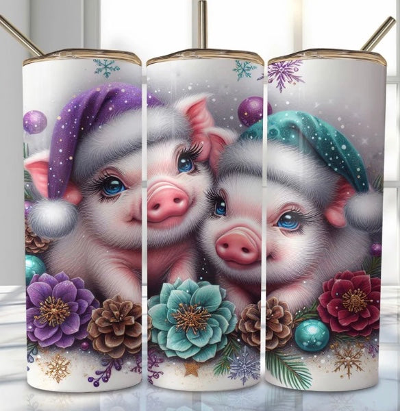 20 oz Stainless Steel Tumbler, Holiday Winter Theme, Baby Piggies