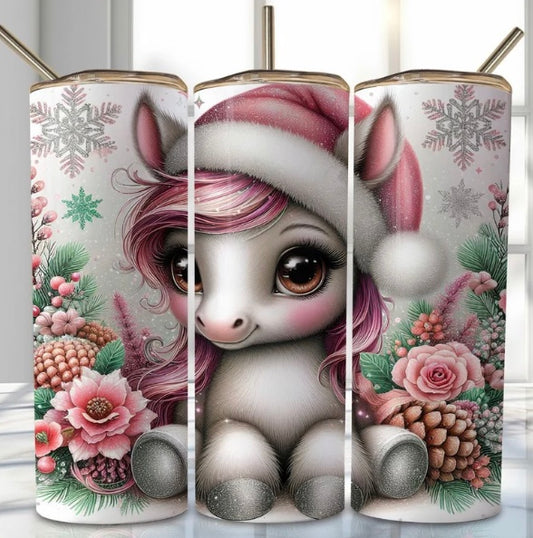 20 oz Stainless Steel Tumbler, Holiday Winter Theme, Pink Pony