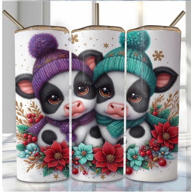 20 oz Stainless Steel Tumbler, Holiday Winter Theme, Baby Cow