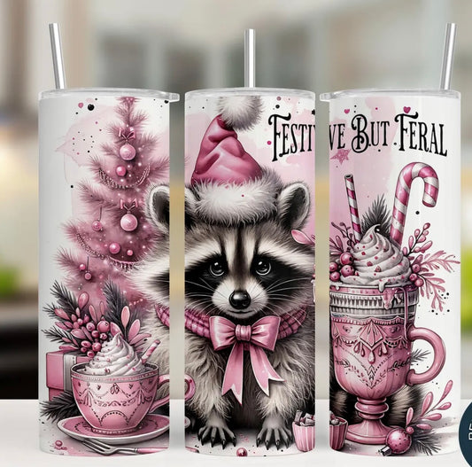 20 oz Stainless Steel Tumbler, Holiday Winter Theme, Festive But Feral Raccoon