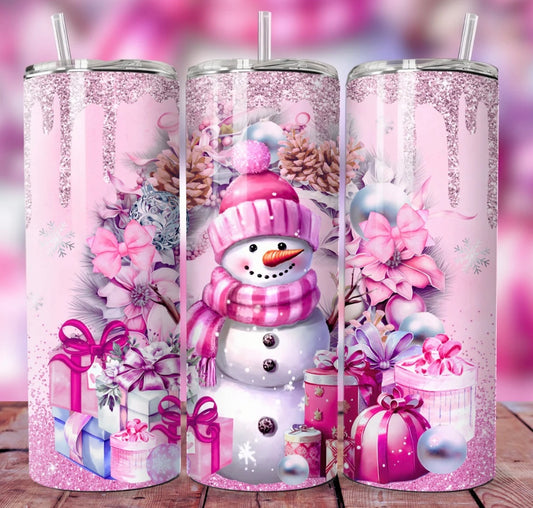 20 oz Stainless Steel Tumbler, Holiday Winter Theme, Pink Snowman