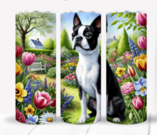 20 oz Stainless Steel Tumbler, Flowery Boston Terrier