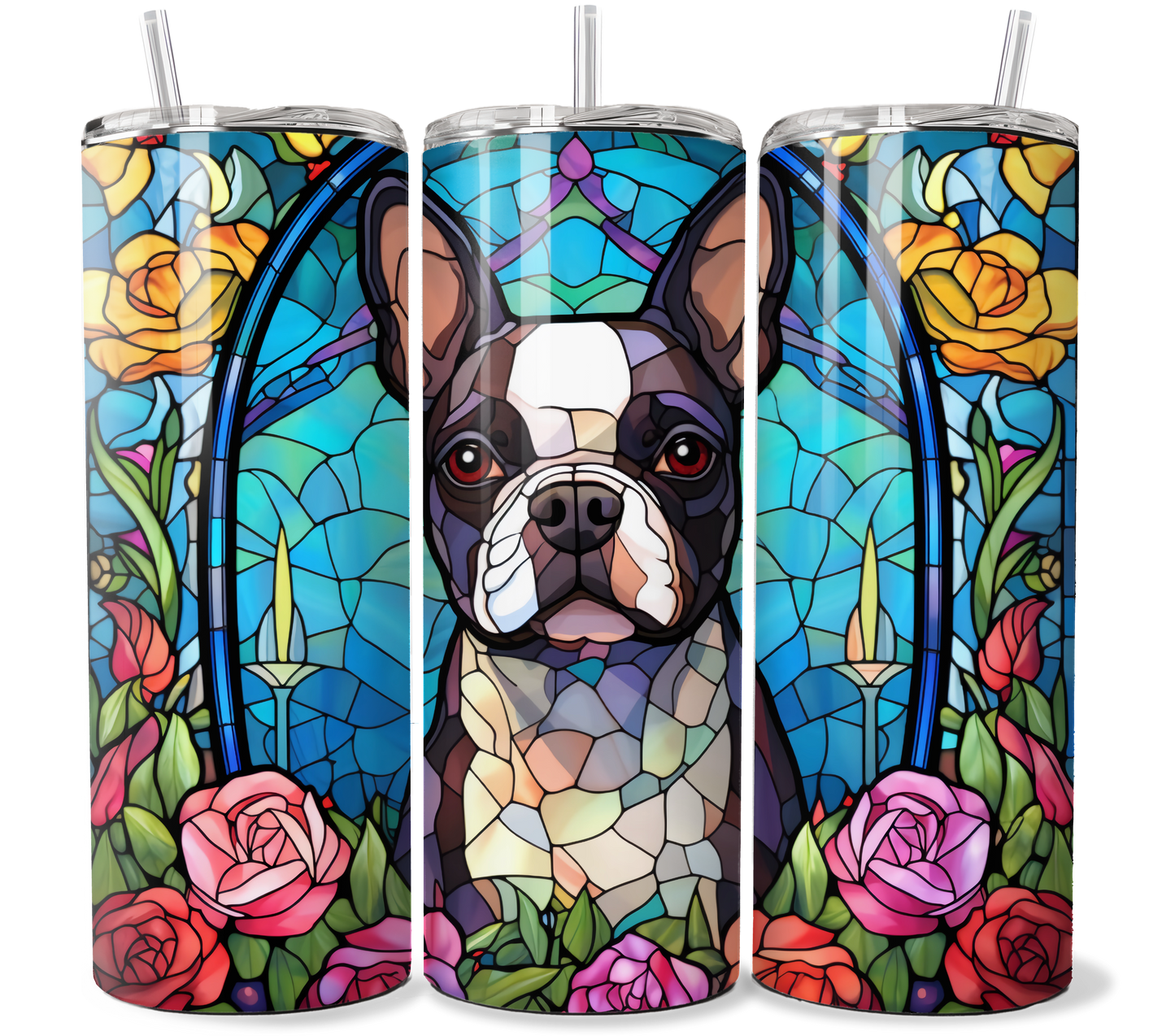 20 oz Stainless Steel Tumbler, Stained Glass Boston Terrier