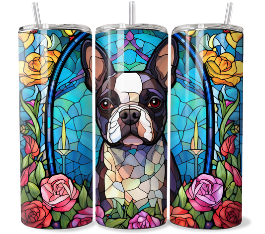 20 oz Stainless Steel Tumbler, Stained Glass Boston Terrier