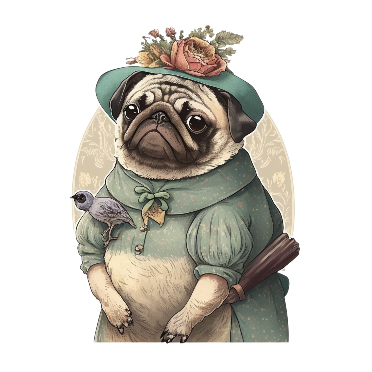 Stickers  Lady Pug with Bird and Flower Hat