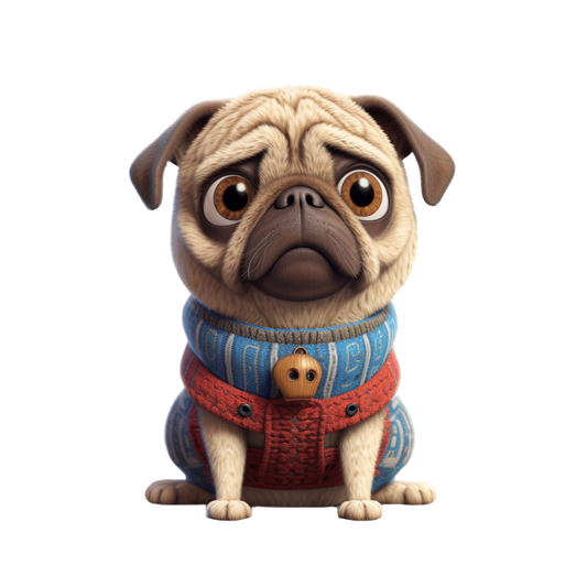 Stickers - Pugs, Fawn Pug in Blue Sweatshirt and Red Harness