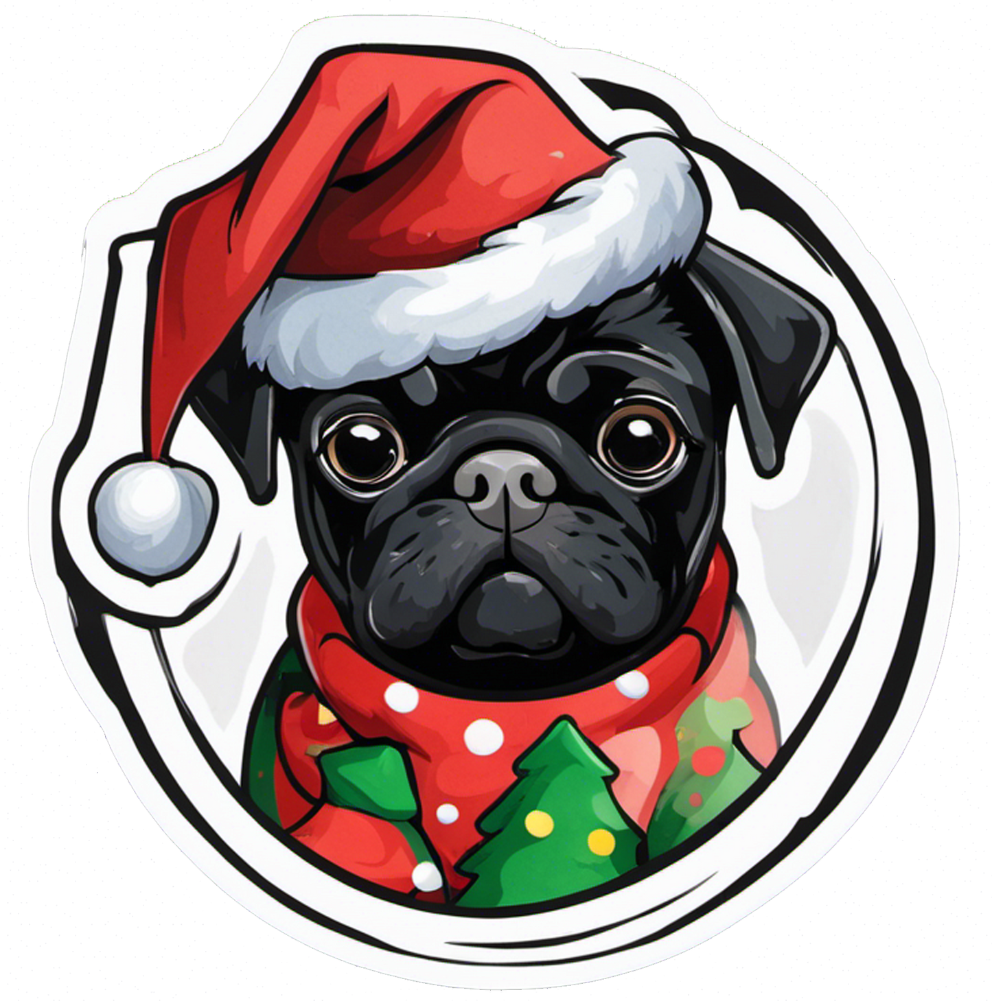 Sticker Black Pug Santa Hat Christmas Sticker