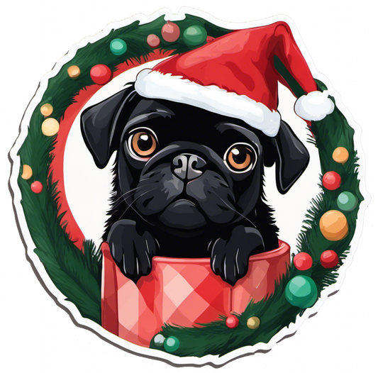 Sticker - Black Pug Wearing Santa Hat, Christmas Wreath