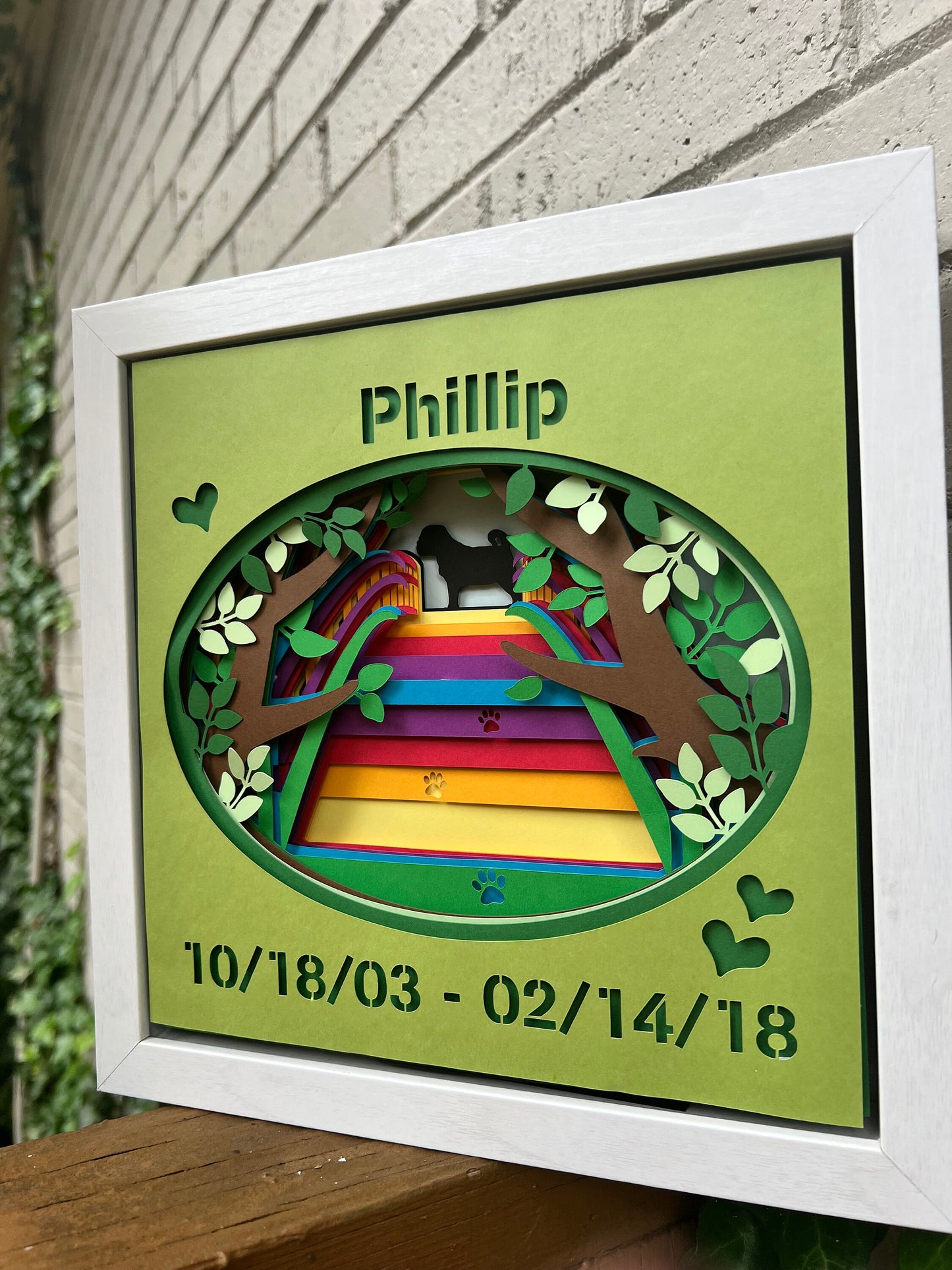 Pet Memorial Shadow Box - Rainbow Bridge Wooden and Glass Frame Custom Name Date and 600 Dog Breeds To Choose - A Kitty Too