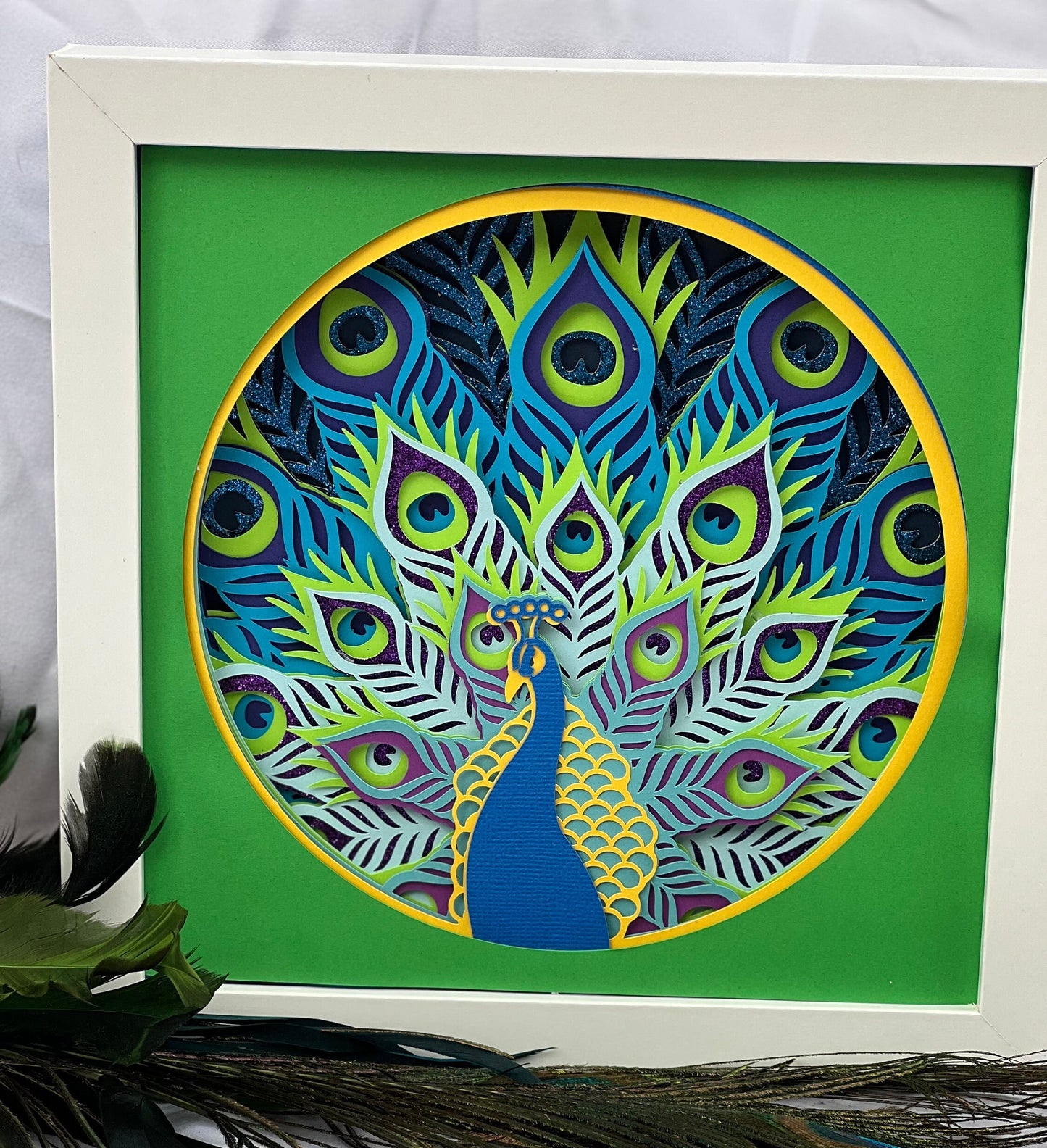 PEACOCK Shadowbox 8 inch by 8 inch Tabletop or Wall Display