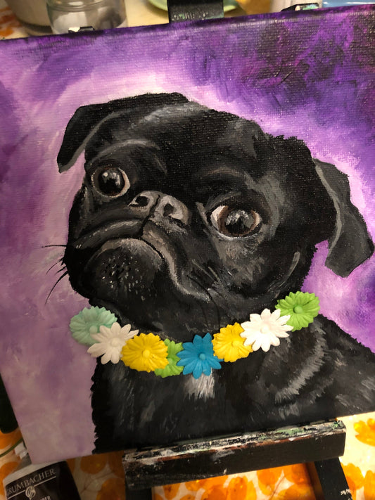 BLACK PUG Painting One of a Kind 3D Flowers