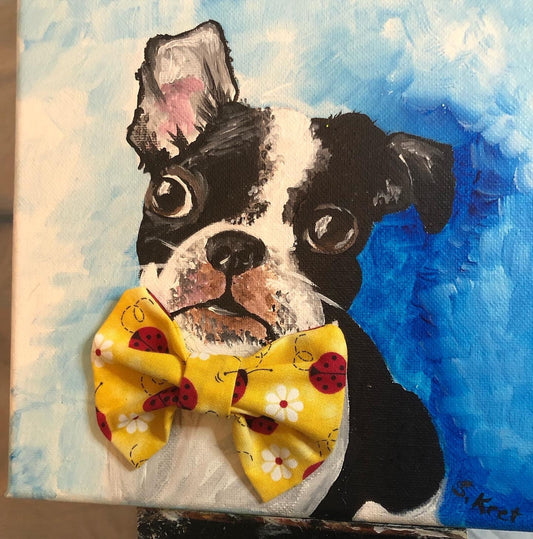 BOSTON TERRIER One of a Kind Acrylic Painting 3D Bowtie