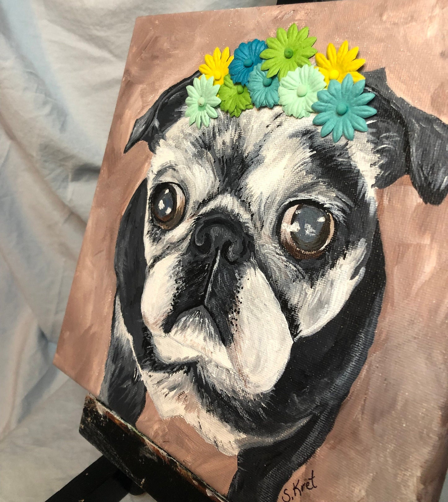PUG PAINTING Senior Black Pug Acrylic with 3D Satin Flowers