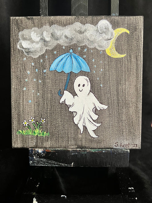 Ghost in a Rain Shower Painting, Cute Ghost, Original Artwork, Mixed Media