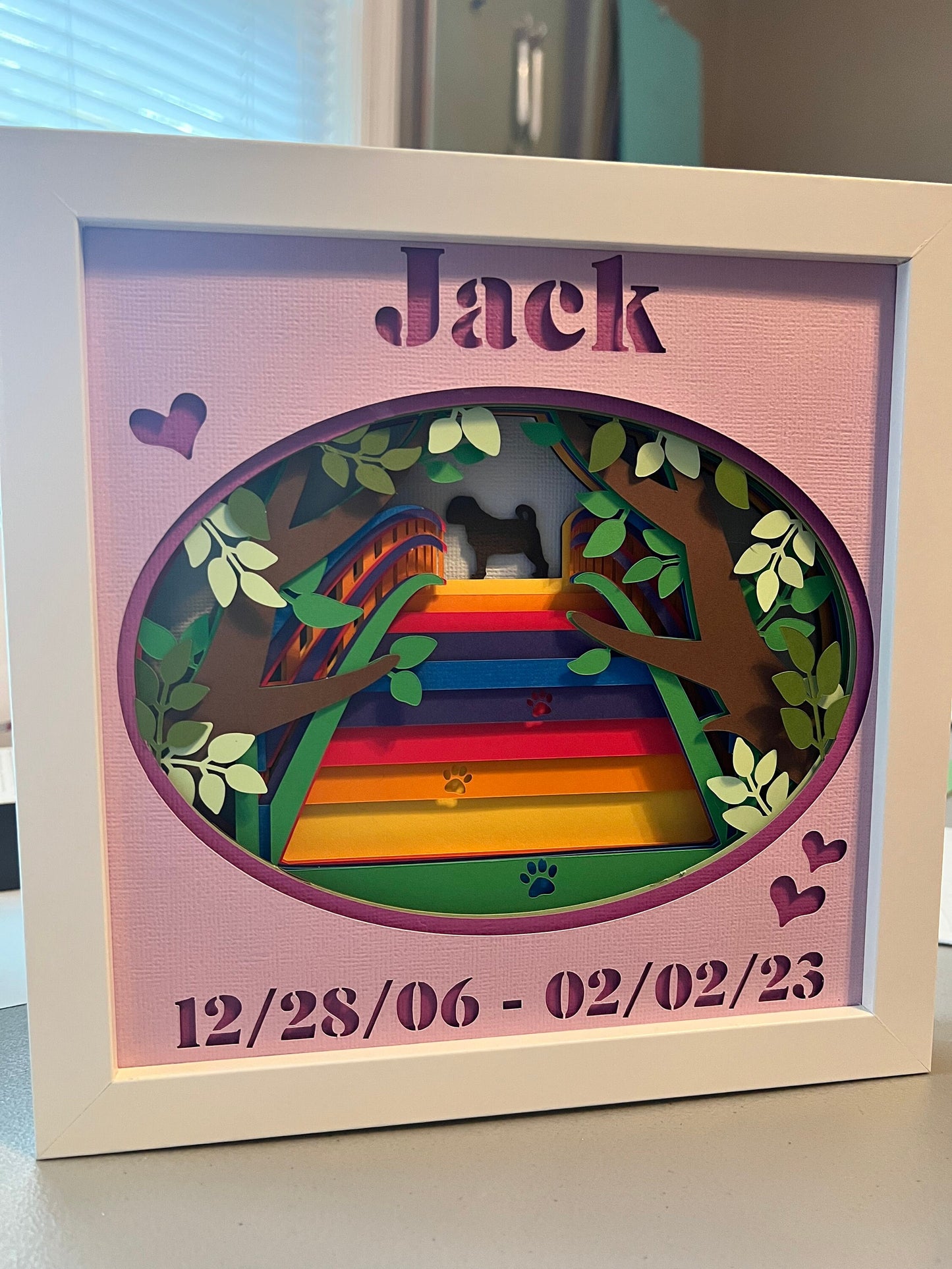 Pet Memorial Shadow Box - Rainbow Bridge Wooden and Glass Frame Custom Name Date and 600 Dog Breeds To Choose - A Kitty Too